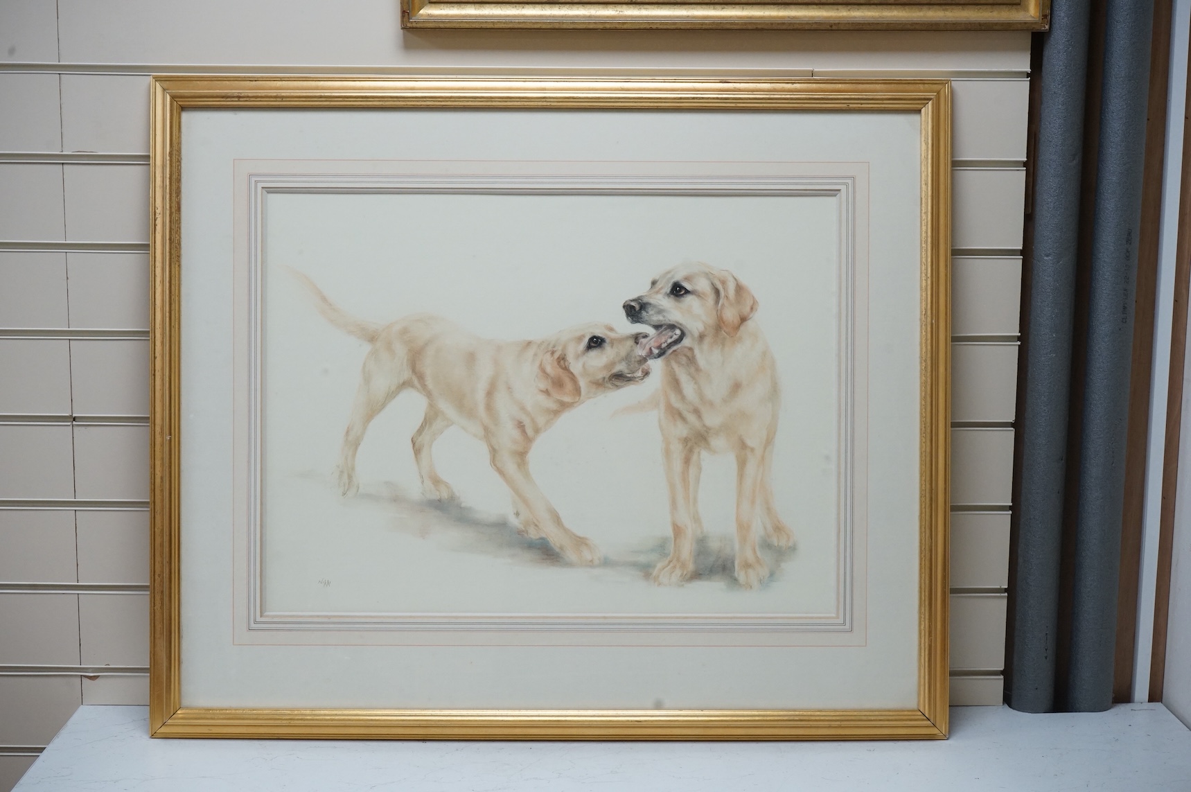 Nikki, mixed media, Study of two yellow labradors, signed, 46 x 63cm